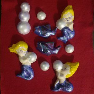 Chalkware Retro Cute Bathroom Decor Mermaid Babies And Bubbles Set Of 9 !